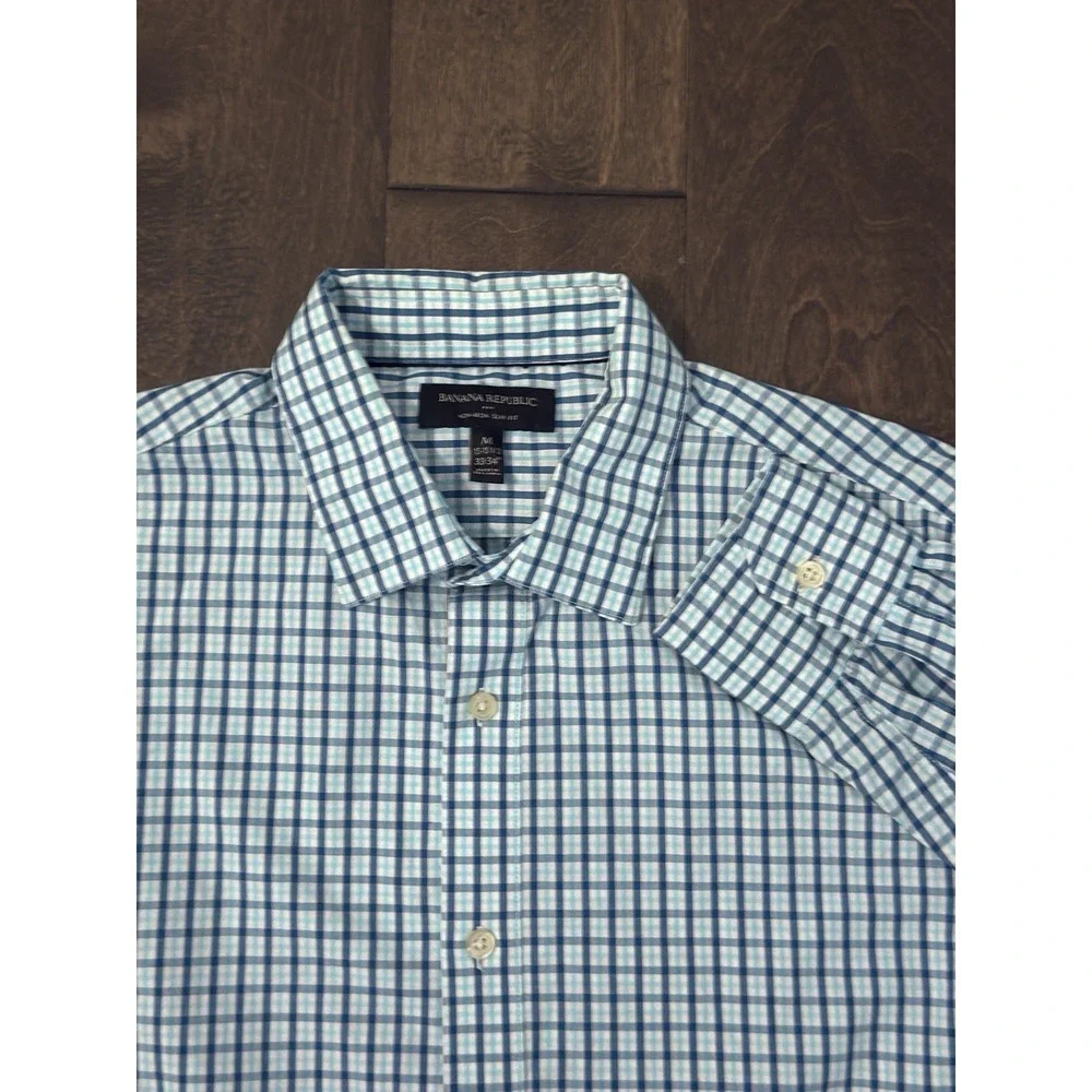 Banana‎ Republic Lot Of Two Mens Blue Plaid Button Down Non Iron Slim Fit Size M